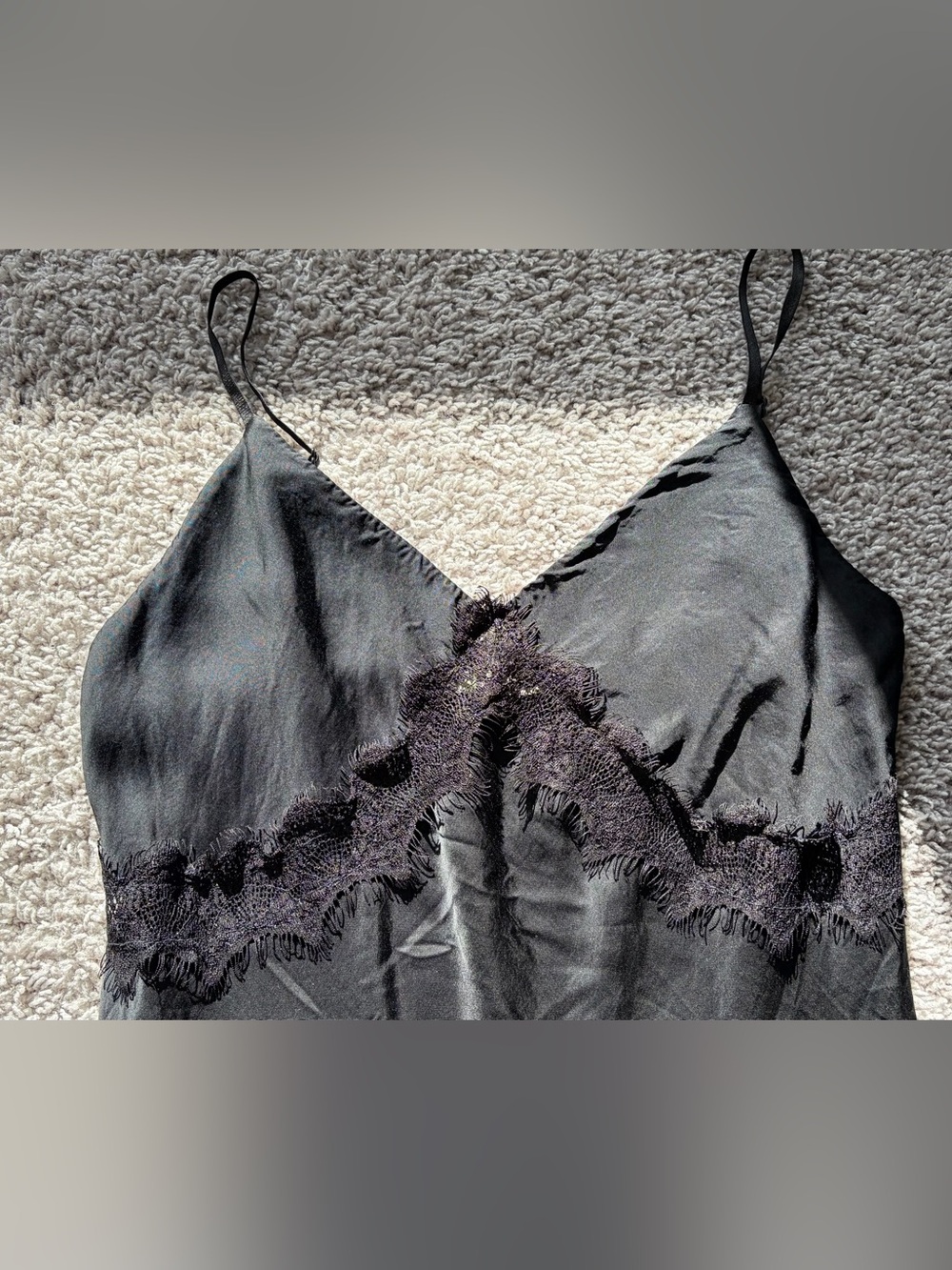 PLUM Black Satin Slip Dress with Lace Trim Adjustable Straps